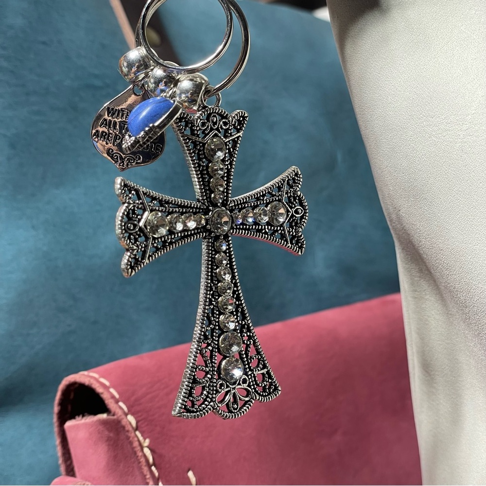 NEW Rhinestone Cross Bag Charm Keychain, Scripture, Portland Leather Compatible! - Picture 6 of 6